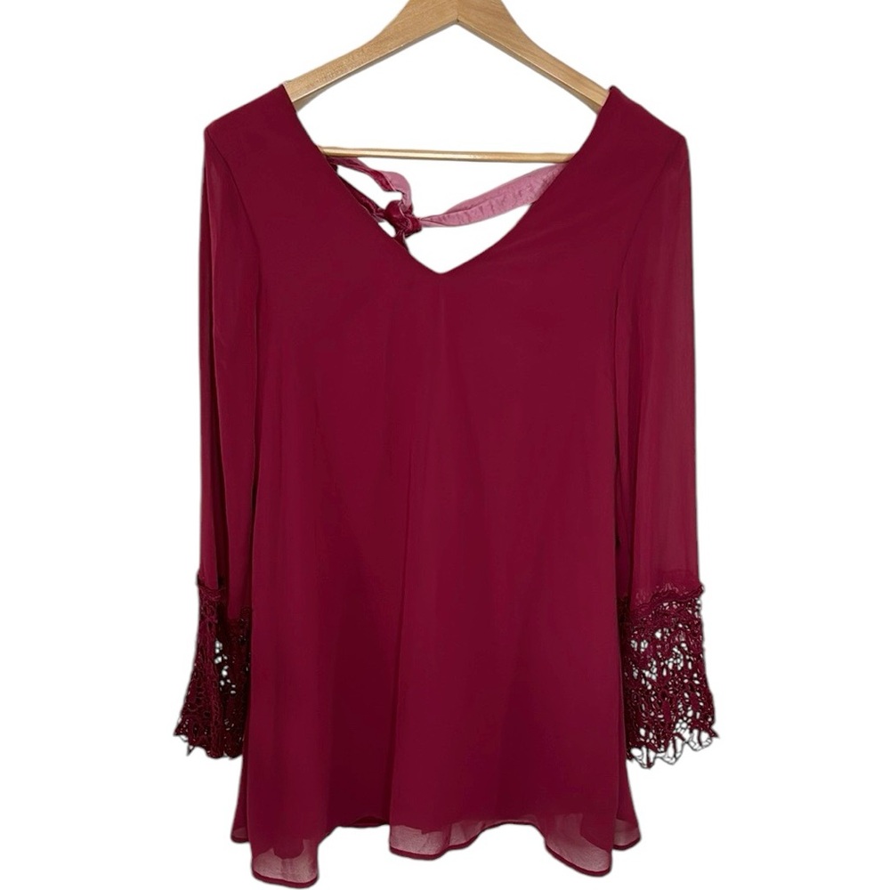 Umgee USA wine v-neck crochet trim sleeve blouse with velour tie back bow size S